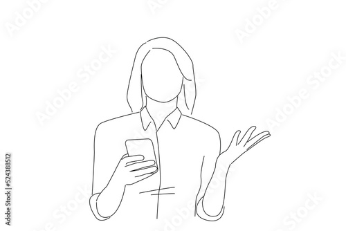 Illustration of confused young beautiful woman using mobile phone. One line art