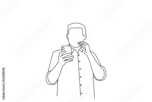 Drawing of business man looking at smartphone display with scared face, shocked and surprised. Outline drawing style art
