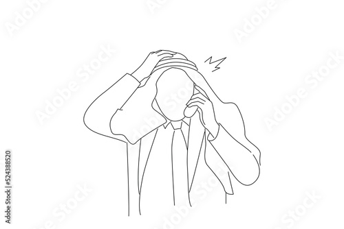 Cartoon of arab businessman extremely tired while receiving phone. Oneline art drawing style