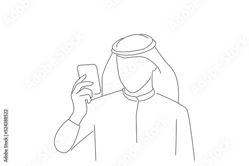 Drawing of  arabian businessman annoyed looking at the phone. One line art