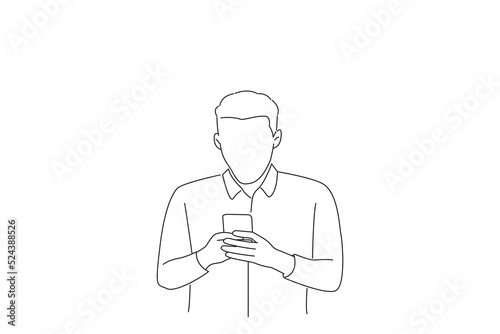 Cartoon of businessman expressing amazement while using cellphone and shocked. Line art style