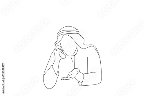 Illustration of arab businessman working in the office feeling stressed and depressed. Outline drawing style art