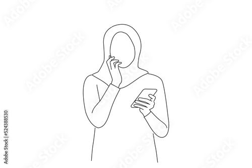 Drawing of young asian business woman looking scared and holding mobile phone. Oneline art drawing style