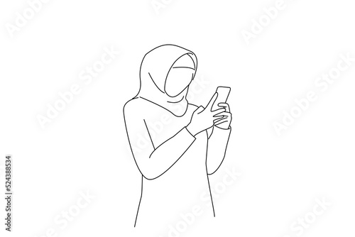 Drawing of asian muslim woman confused and surprised looking at smartphone. Outline drawing style art