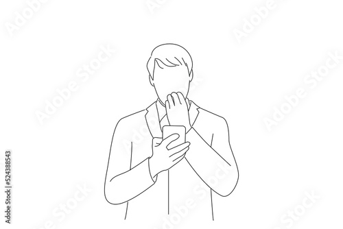 Drawing of scared businessman looking at his mobile phone. Line art style