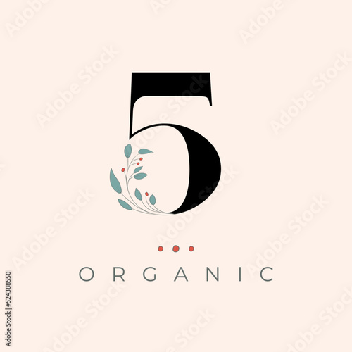 Number 5 Logo Organic with leaves. Vector design for banner, presentation, web page, card, labels or posters.
