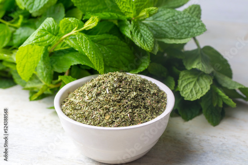 Dried mint and green fresh mint isolated