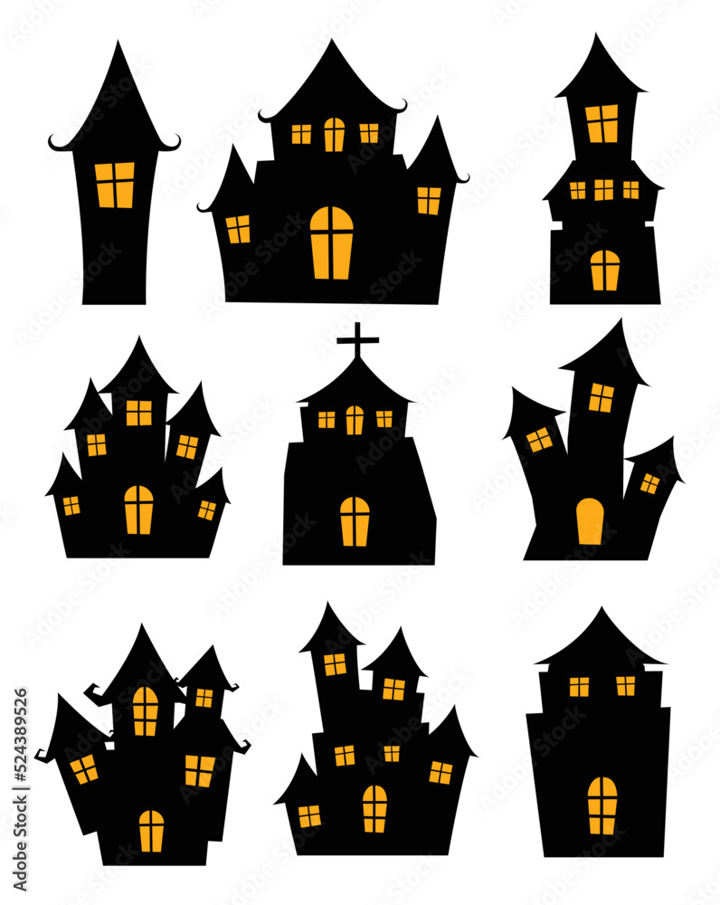 Halloween black castle isolated on white background. Haunted house cartoon silhouette.