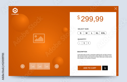 Ecommerce product details page with price and place for image. Attractive page and card UI design with gradient orange for website, landing page or card. vector EPS