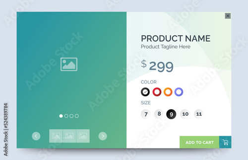 Ecommerce product details page with price and place for image. Attractive page and card UI design with gradient green for website, landing page or card. vector EPS