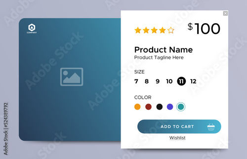 Ecommerce product details page with price and place for image. Attractive page and card UI design with gradient purple for website, landing page or card. vector EPS