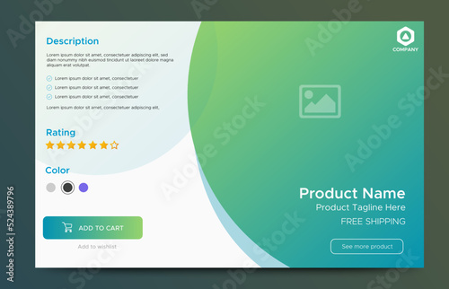 Ecommerce product details page with price and place for image. Attractive page and card UI design with gradient green for website, landing page or card. vector EPS