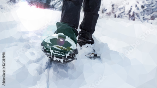 Woman wears snowshoes.  In the winter forest is deep snow.  Close-up of the shoes.  Vector in low poly style.