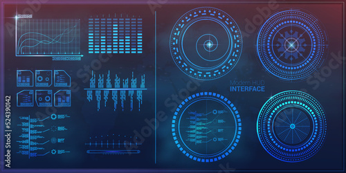 Modern HUD interface dashboard with infographic elements. Digital hi-tech cyber control panel menu hologram with futuristic layout. Technical set board panel.