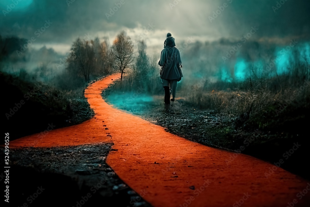 Cinematic scenery view, teal and orange path, 3d Illustration