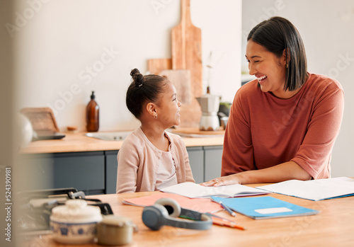Home school, laughing, child and mother bonding after homeschool homework, school work and education test. Adorable, cute and small daughter learning and drawing with a parent or woman photo