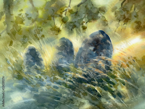 Old jewish cemetery in the meadow watercolor illustration