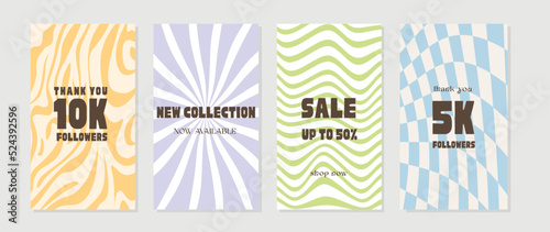Social media ad post in funky psychedelic design. Retro 80s 90s aesthetic backdrops, vintage wavy liquid distorted backgrounds. Set of vertical posters in Y2K style. Vector ig story banner templates.