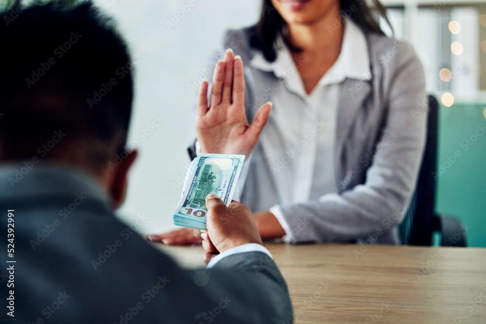 Refusing illegal bribe, corruption and dirty money to avoid unethical, fraud and dishonest crime at work. Business woman, politician and government official stop to no bribery, solicit and extortion Refusing illegal bribe, corruption and dirty money to avoid unethical, fraud and dishonest crime at work. Business woman, politician and government official stop to no bribery, solicit and extortion
