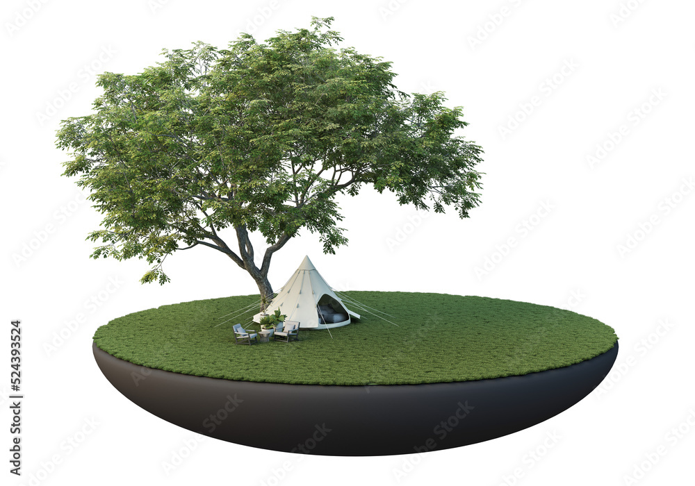 Fototapeta premium The island has lawns and large trees on a transparent background.