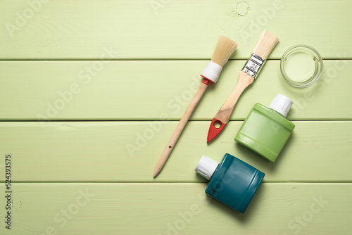 Colorant bottles and paint brush on the light green table flat lay background.