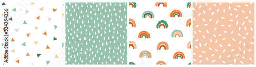 Seamless pattern set with cute baby print. Abstract minimalistic rainbows, drops, simple geometric shapes. Vector graphics.
