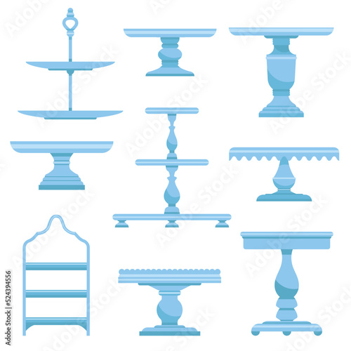 Set of cake stands in flat icon style. Empty tray for fruit and desserts. Vector illustration
