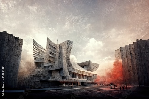 Brutalism architecture view, digital art, 3d illustration photo
