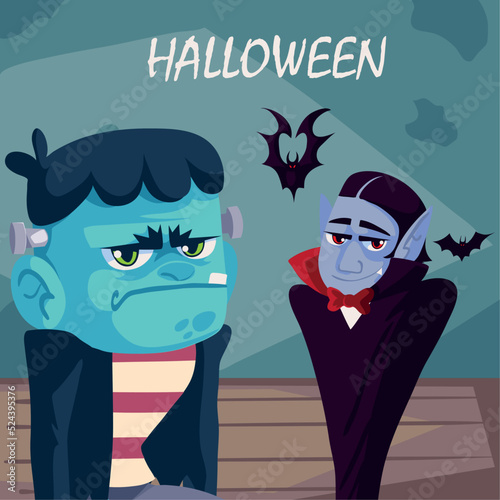 halloween characters and bats