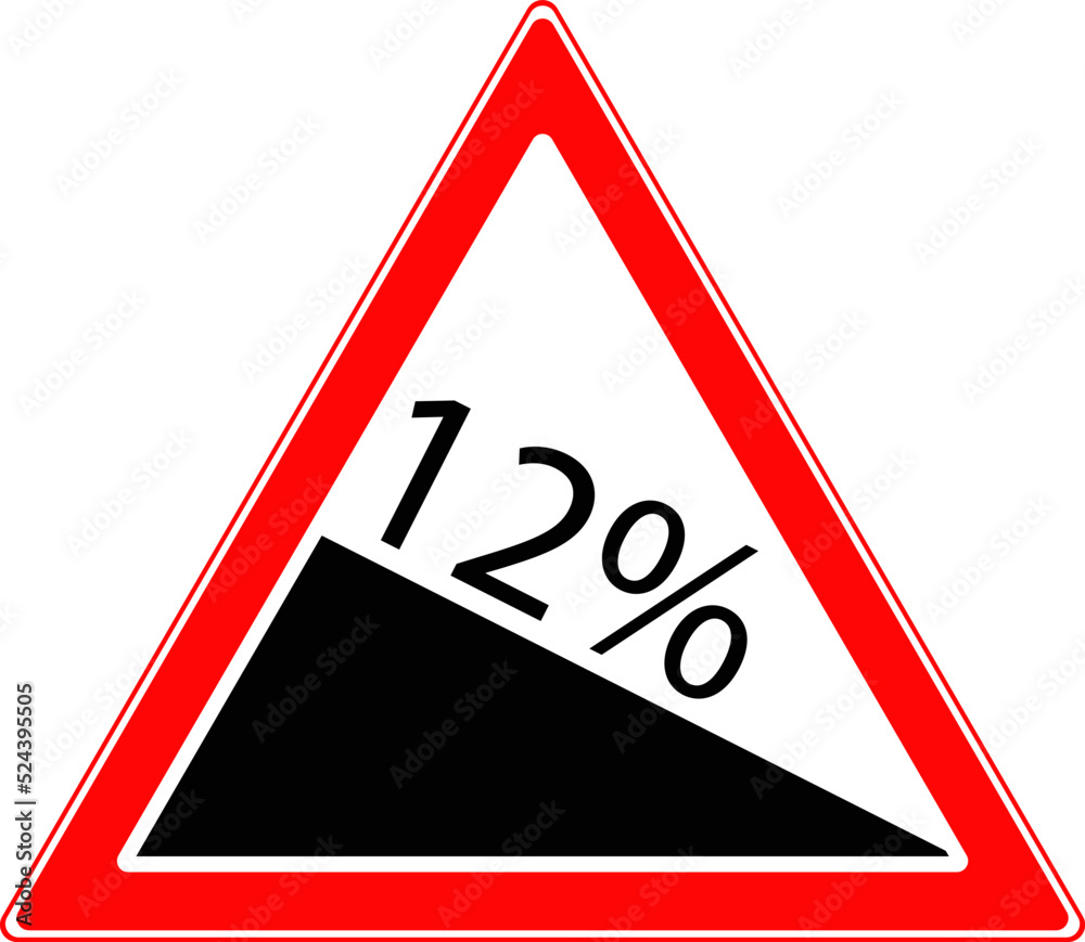 Triangular road sign, steep descent. Vector image. Triangular road sign, steep descent. Vector image.