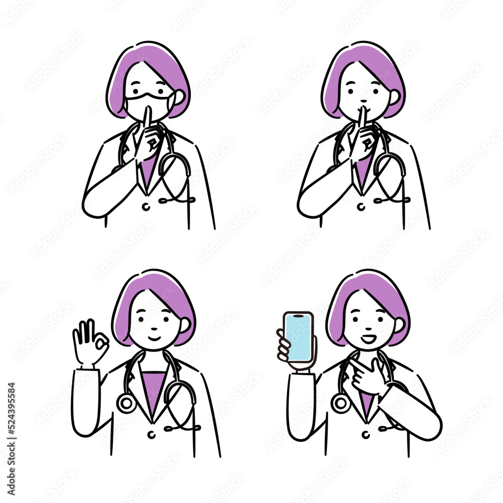 Simple illustration set of a young female doctor Simple illustration set of a young female doctor