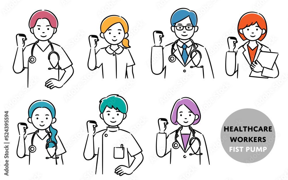 Simple illustration set of medical workers doing fist pump Simple illustration set of medical workers doing fist pump