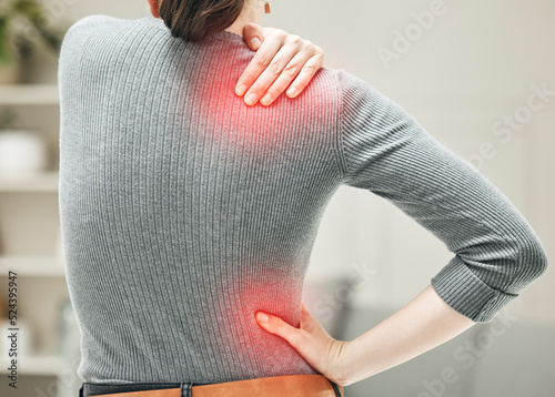 фотографія Shoulder, hip and back pain of a woman touching and holding a painful area on her body in red