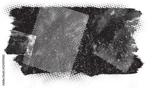 Glitch distorted brush stroke . Noise destroyed logo . Trendy defect error shapes . Glitched frame .Grunge textured . Distressed effect .Vector shapes with a halftone dots screen print texture. photo