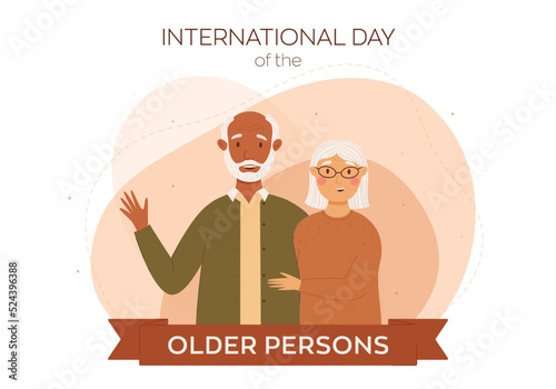 International day of the older persons vector illustration. An age couple of a black man and a white woman are happy together. Design for posters, cards, banners. Abstract background in peach colors