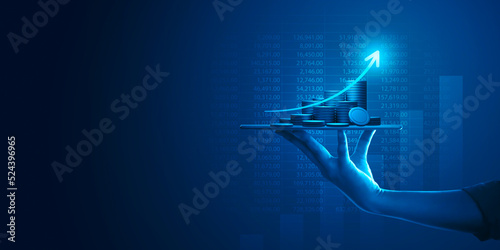 Growth digital money chart stock financial market business arrow on success investment background with finance graph diagram economy currency profit and increase economic exchange coin price strategy.