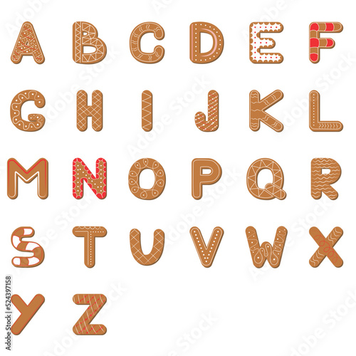 Vector set of alphabet holidays ginger cookie isolated on white background. Merry Christmas and Happy New Year
