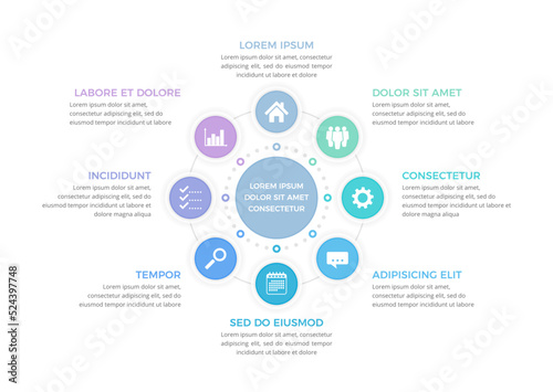 Circle diagram template with eight steps or options, process infographics