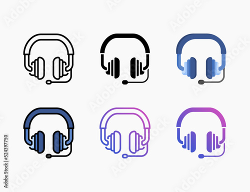 Headphone icon set with different styles. Style line, outline, flat, glyph, color, gradient. Can be used for digital product, presentation, print design and more.
