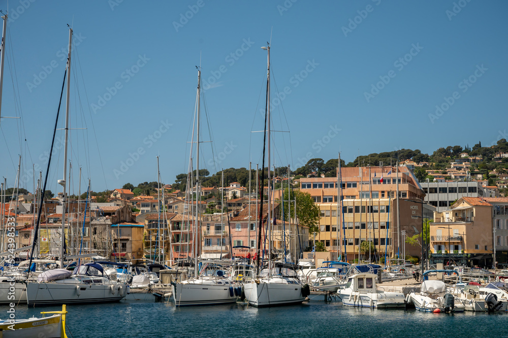 Sunny day in South of France, walking in ancient Provencal coastal town La Ciotat, Provence, France