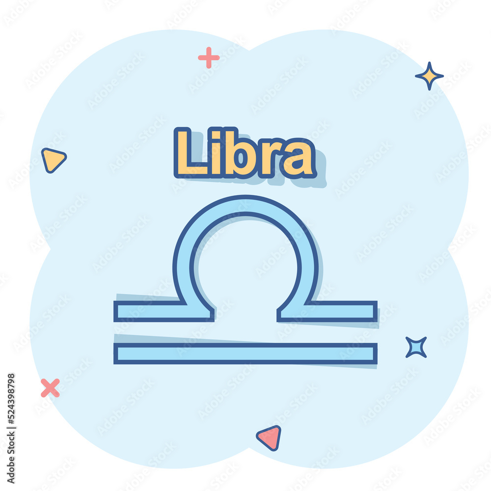 Fototapeta premium Vector cartoon libra zodiac icon in comic style. Astrology sign illustration pictogram. Libra horoscope business splash effect concept.
