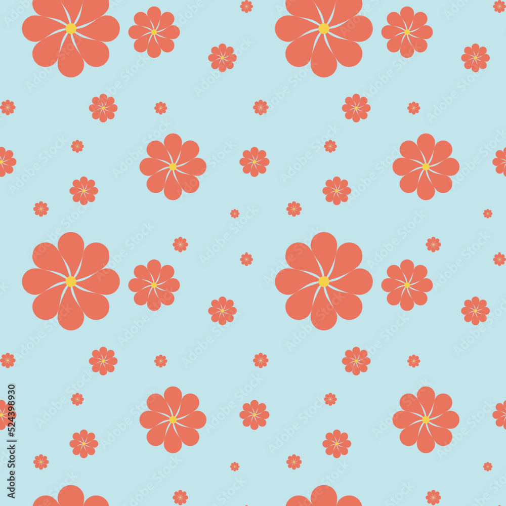 Obraz premium A lot of large and little pink flowers with yellow pollen spread border on light blue background wallpaper looks like Sakura or Cherry blossom.