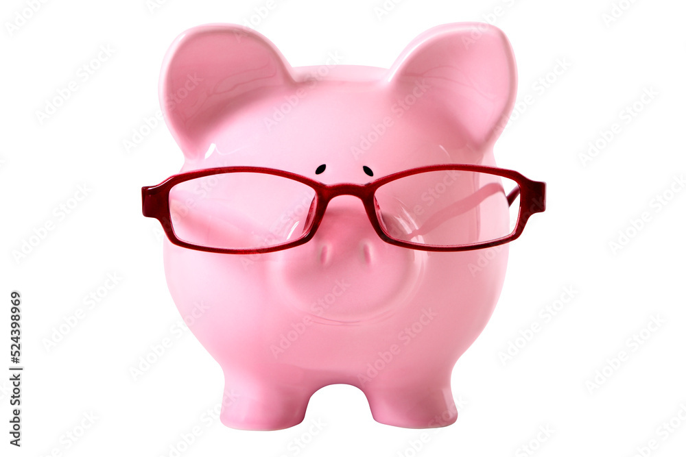 Piggy bank with glasses retirement planning concept isolated transparent background photo PNG file
