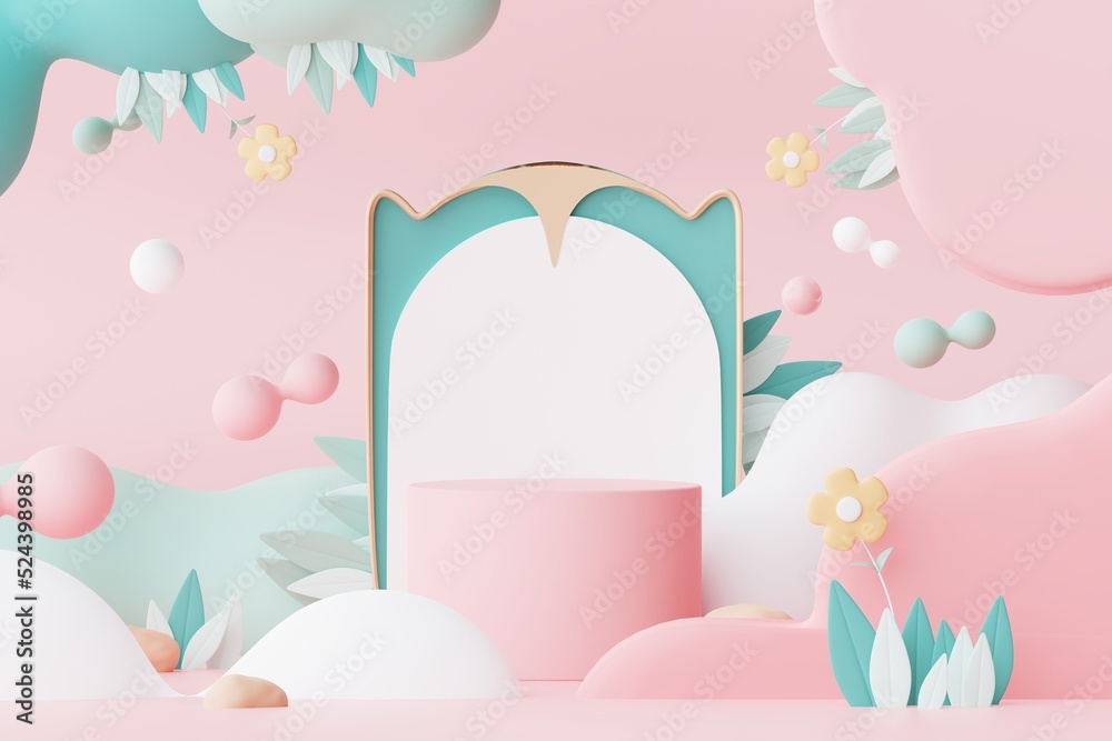 Abstract Pastel of nature, flowers leaves and tree plants with Podium stand platform. Cute Cartoon natural landscape background. Scene of spring colorful plants with minimal design. 3D Render.