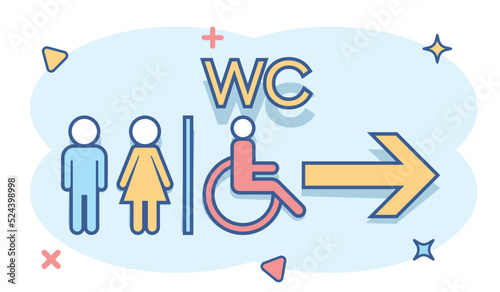 Vector cartoon WC, toilet icon in comic style. Men and women restroom sign illustration pictogram. WC business splash effect concept.