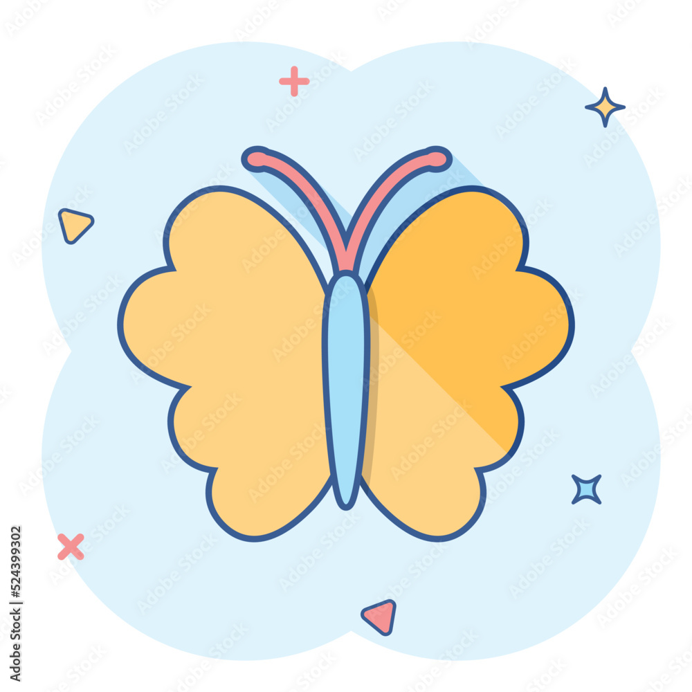 Vector cartoon butterfly icon in comic style. Insect sign illustration pictogram. Butterfly business splash effect concept.