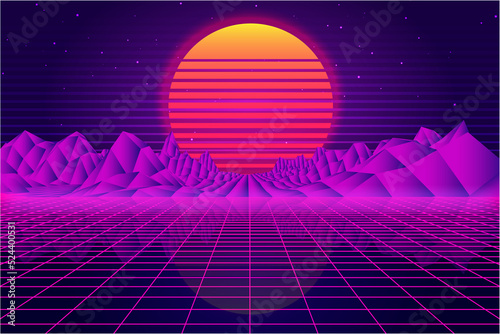 Retro Sci-Fi futuristic vector  background 1980s and 1990s style 3d illustration. Digital landscape in a cyber world. For use as design cover.