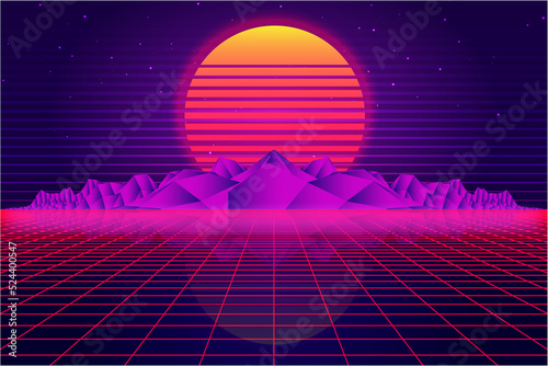 Retro Sci-Fi futuristic vector, background 1980s and 1990s style 3d illustration. Digital landscape in a cyber world. For use as design cover.