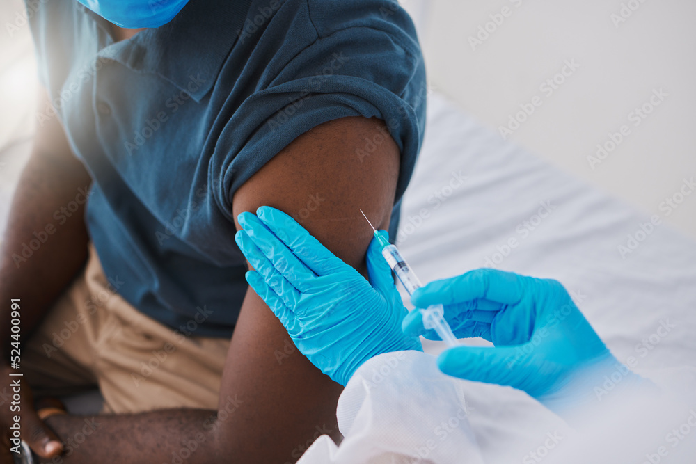 Fototapeta premium Closeup vaccine, injection and medicine for covid, monkeypox or ebola with doctor, healthcare or medical professional. Frontline worker in using syringe or needle to inject clinic or hospital patient