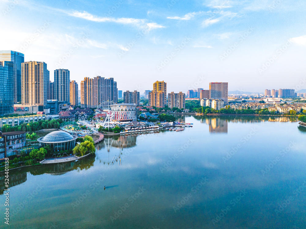 Aerial view of Baijiahu Park and business district in Nanjing, Jiangsu Province, China